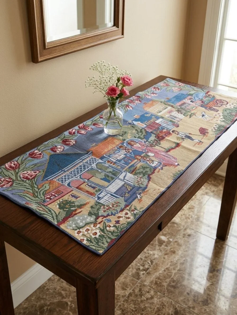 Vintage Woven Tapestry Table Runner Turn of the Century Village Tulip Border